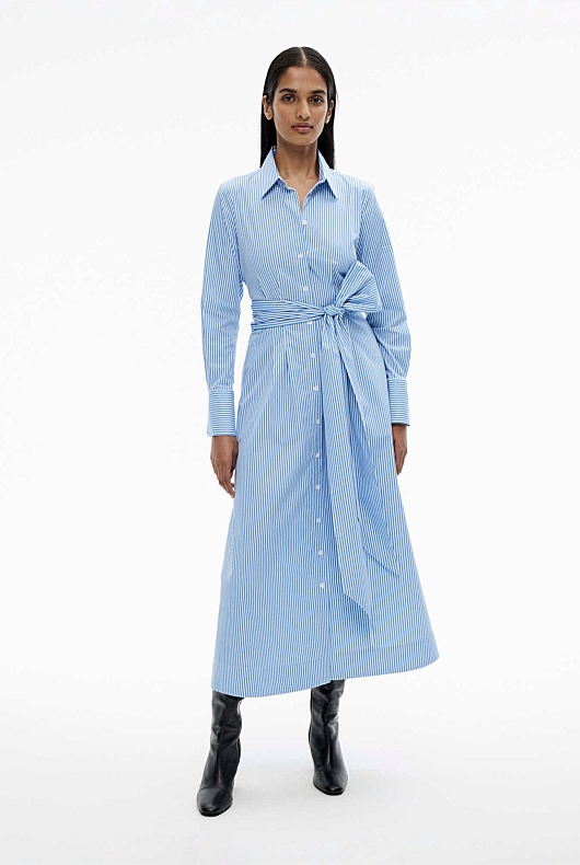 Blue Daze Stripe Sateen Shirt Dress - Women's Midi Dresses | Witchery