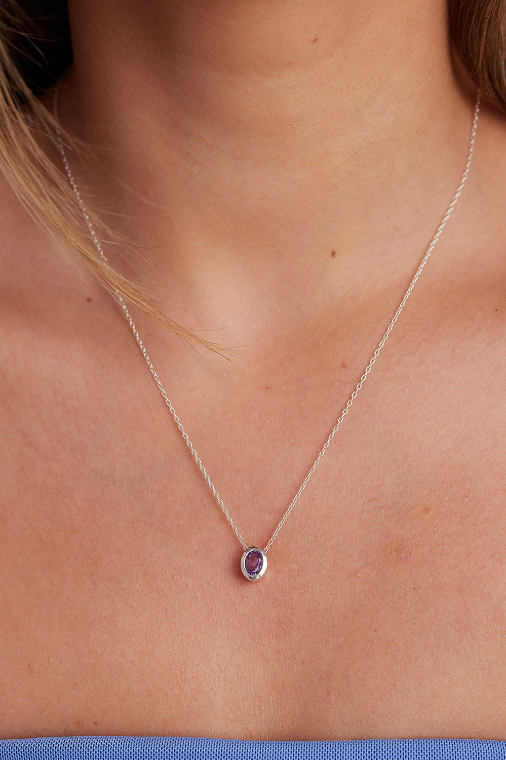 February Amethyst Silver Oval Birthstone Necklace - Silver - image 2