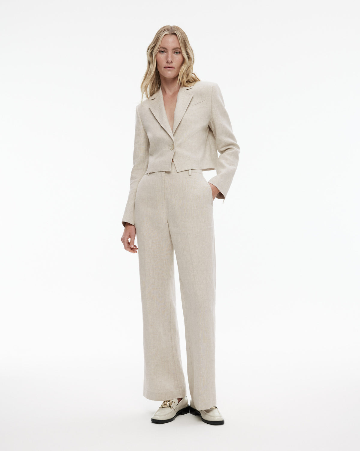Yarn Dye Linen Single-Breasted Cropped Blazer