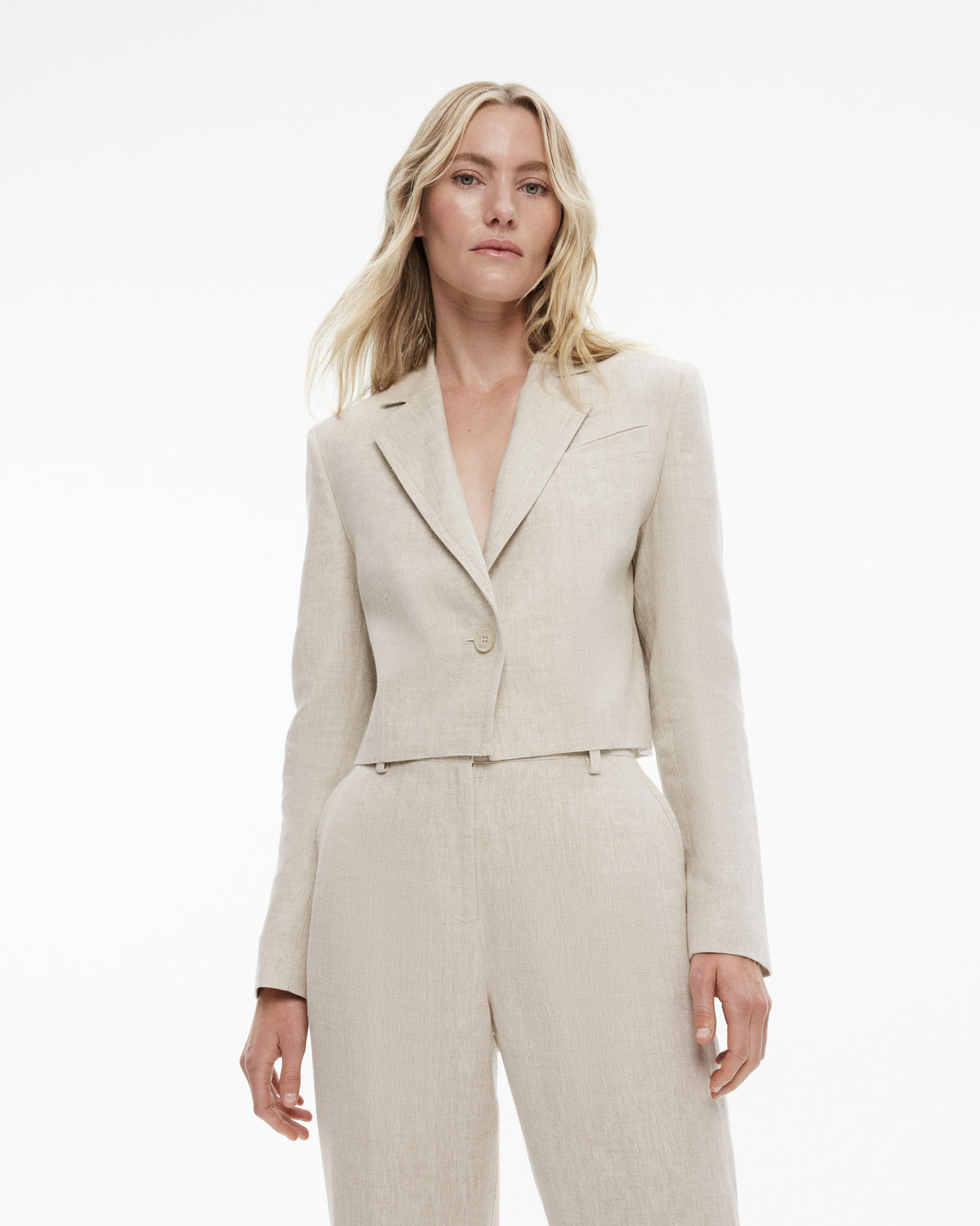 Yarn Dye Linen Single-Breasted Cropped Blazer