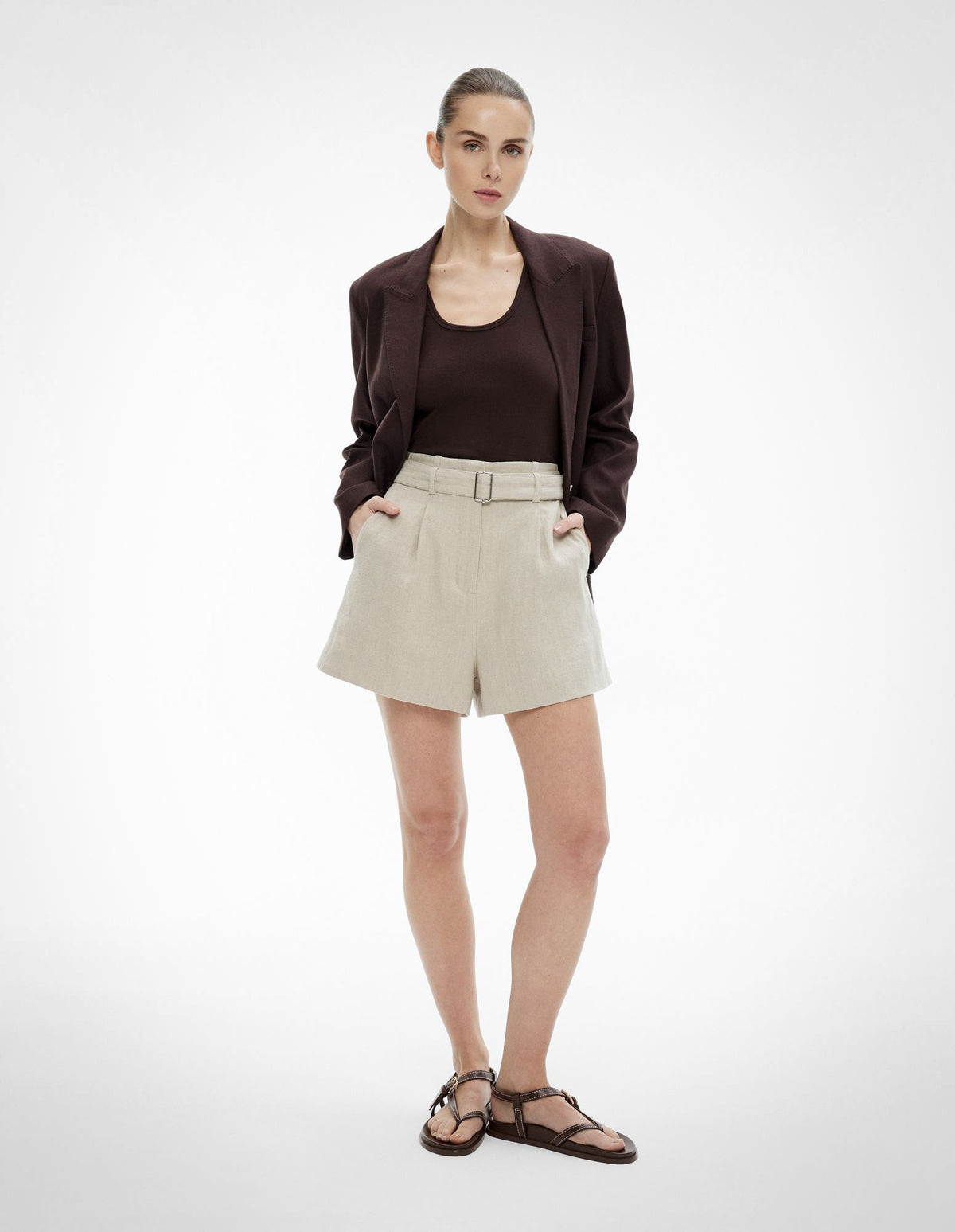 Belt Detail Linen Shorts