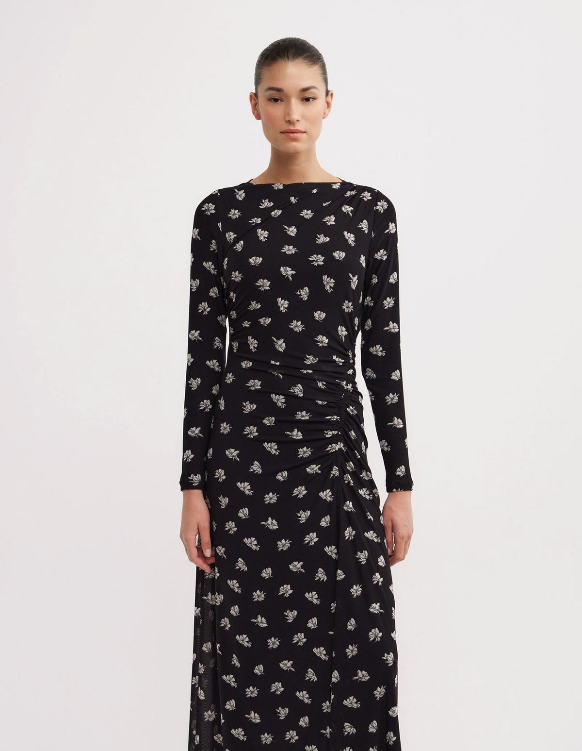 Long Sleeve Ruched Mesh Dress