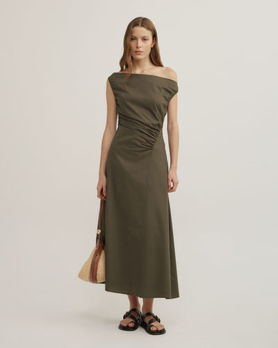 Off Shoulder Gather Midi Dress