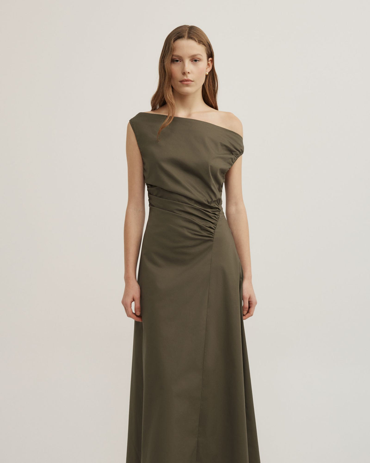Off Shoulder Gather Midi Dress