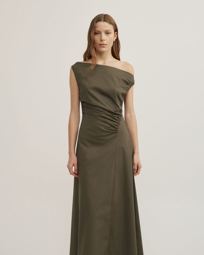 Off Shoulder Gather Midi Dress