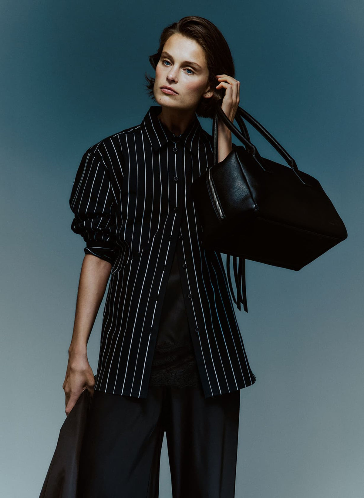 Witchery Equilibrium September 2026 campaign - Tie Back Pinstripe Shirt look